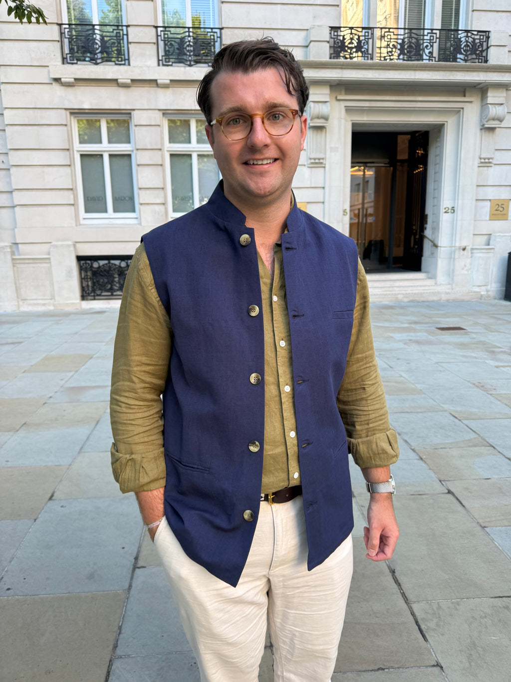 The Linen Nehru Gilet - Navy