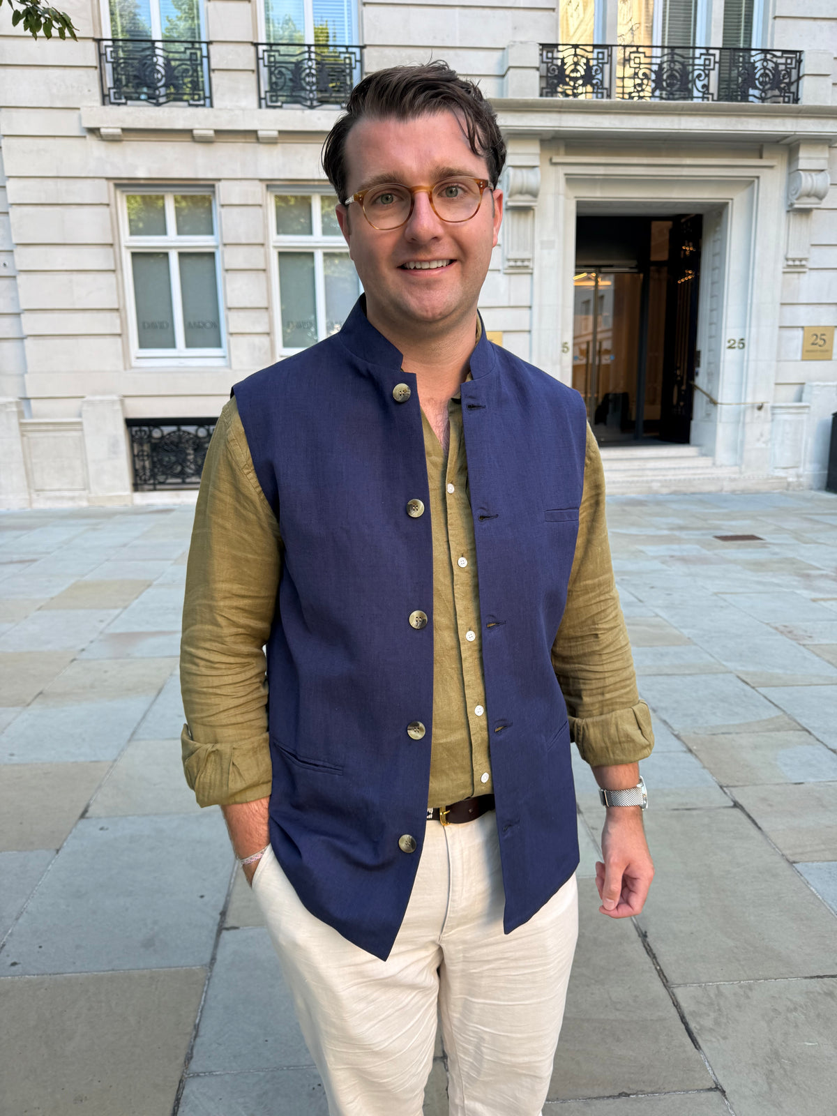 The Linen Nehru Gilet - Navy